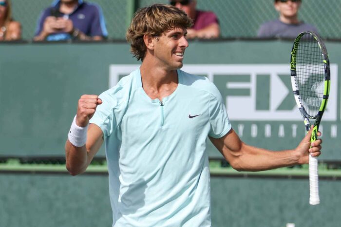 Blaise Bicknell celebrates winning his first ATP Challenger Tour title in Indian Wells, California.
